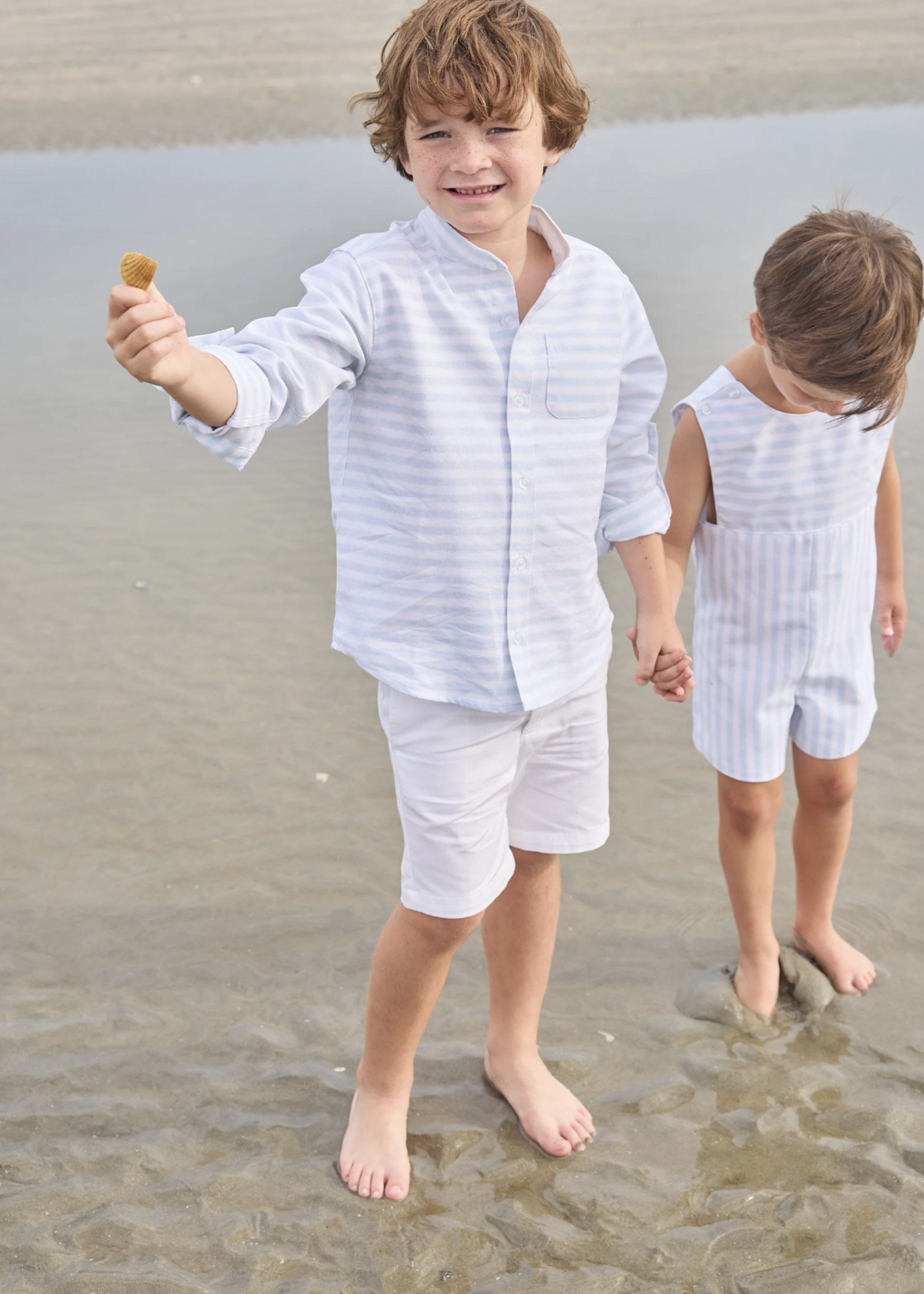 Little English Mandarin Collar Roll Sleeve Shirt Savannah Stripe