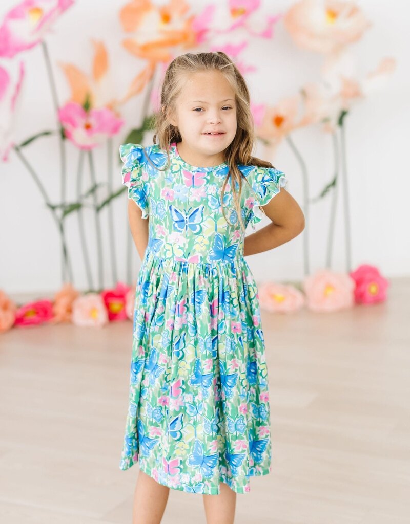 Mila & Rose Watercolor Butterflies Flutter Sleeve Twirl Dress