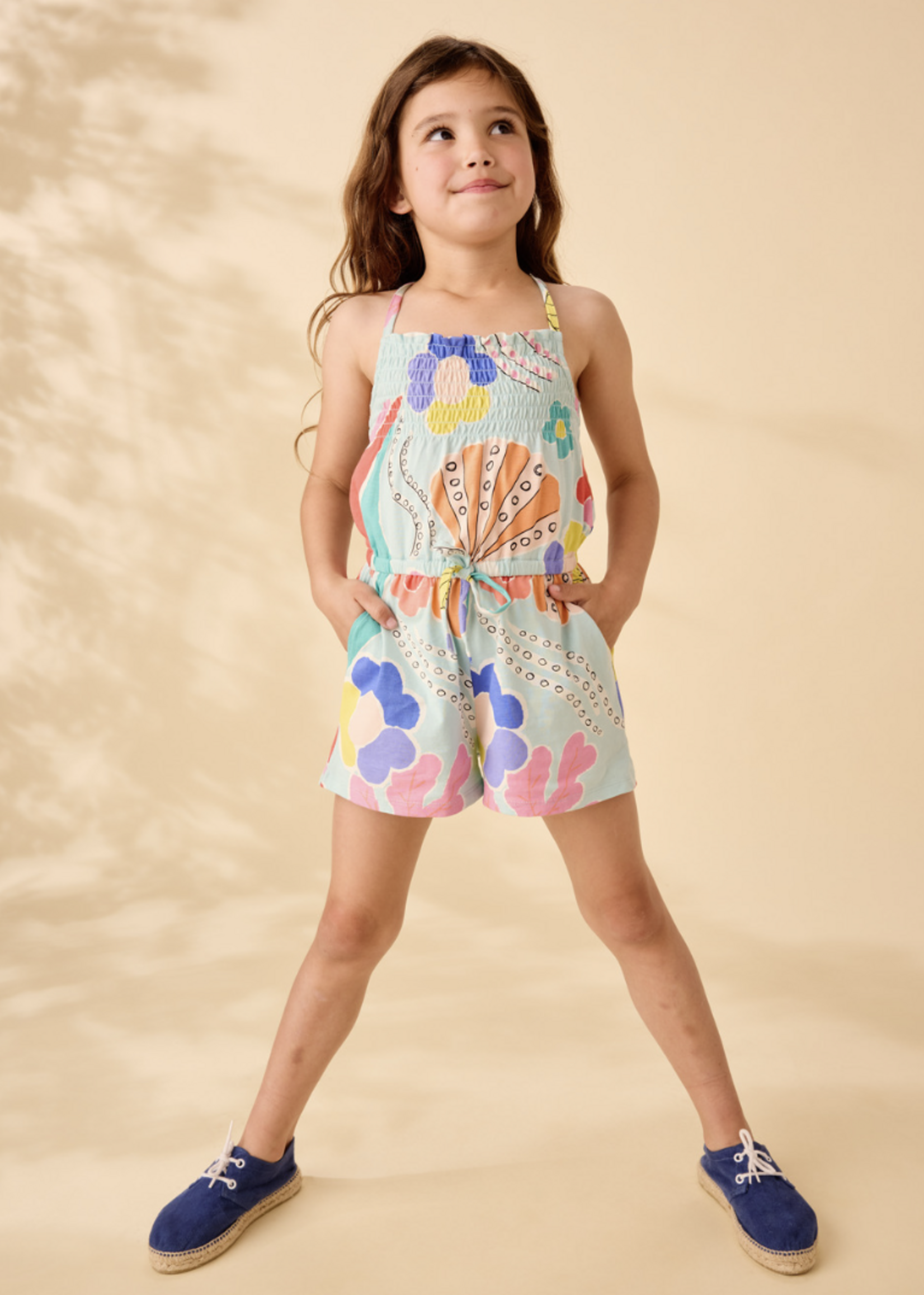 Tea Collection SMOCKED STRAPPY ROMPER SEA FLORAL