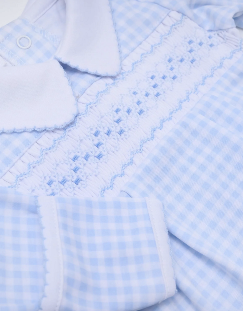 Magnolia Baby Mini Checks Blue Smocked Collared Footie