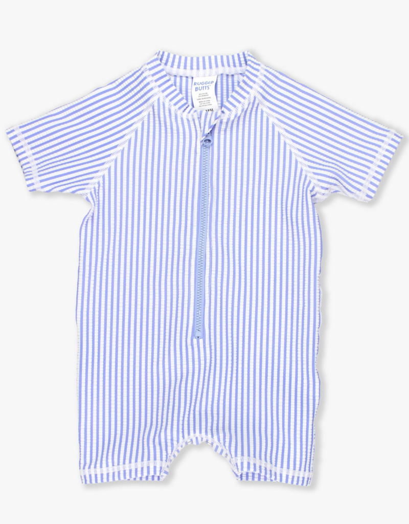 RuffleButts S/S One Piece Rashguard Periwinkle Blue Seersucker
