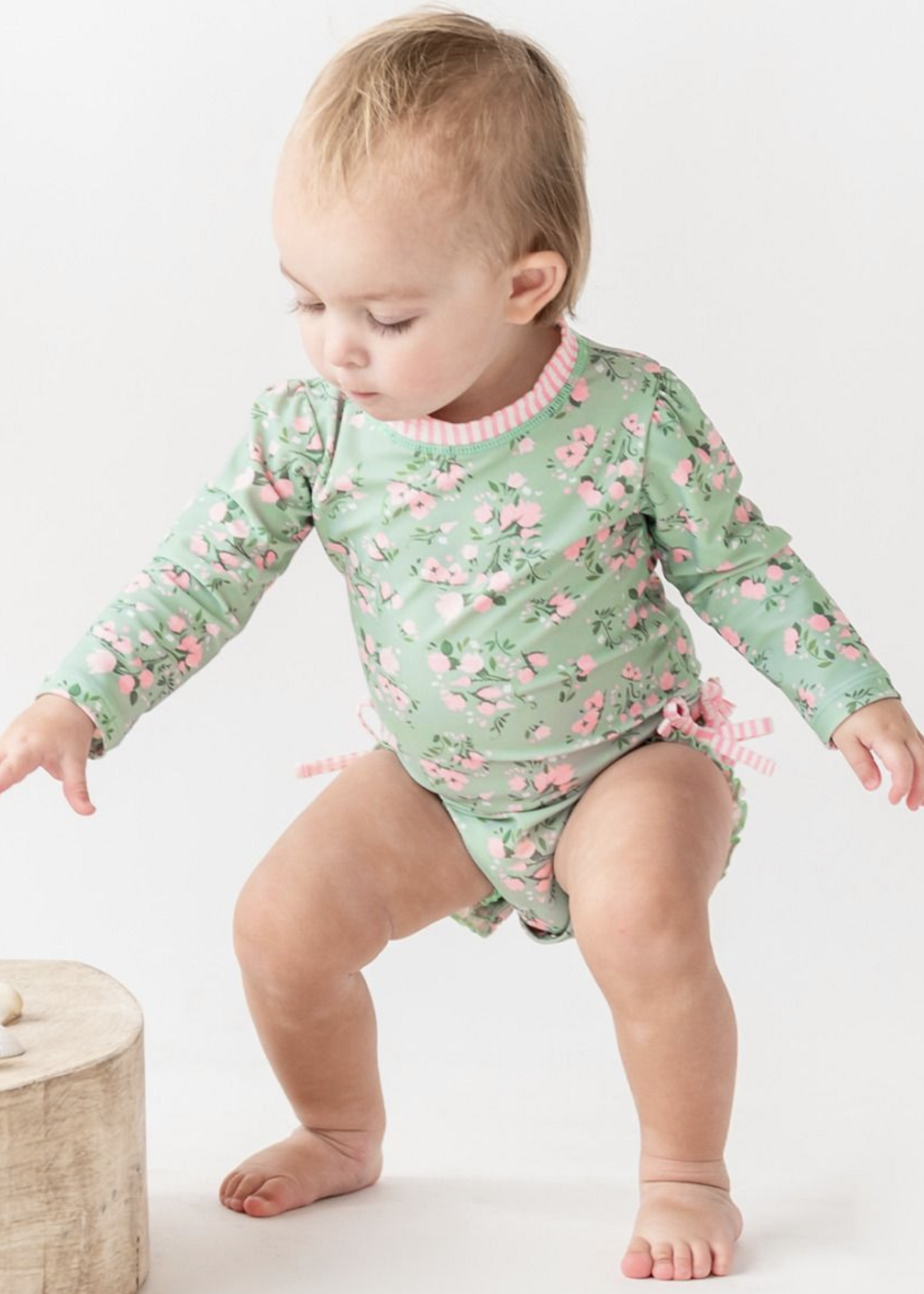 RuffleButts L/S One Piece Rash Guard Tea Roses