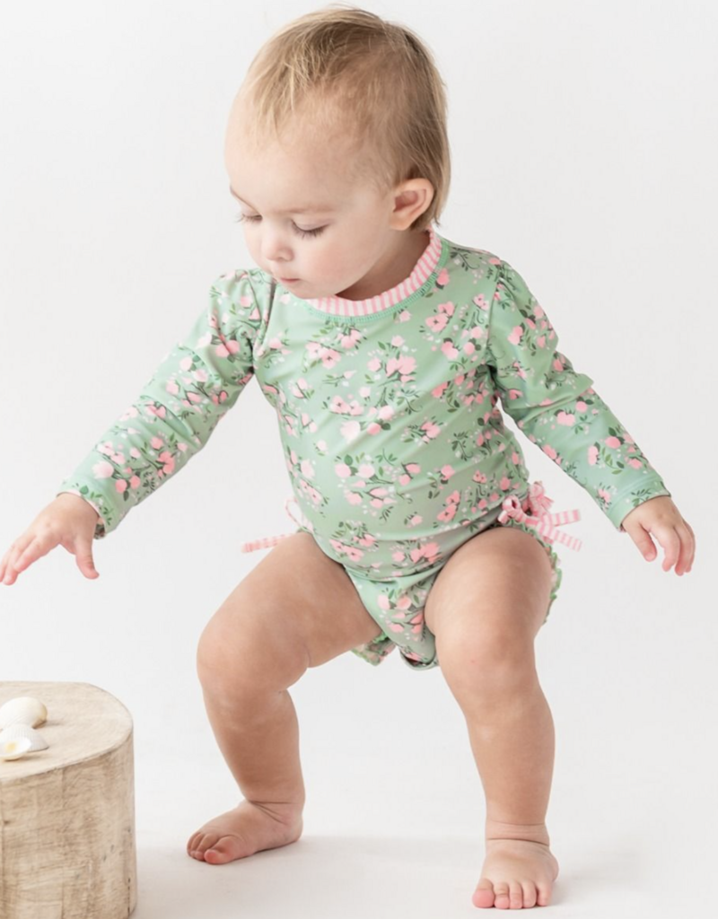 RuffleButts L/S One Piece Rash Guard Tea Roses