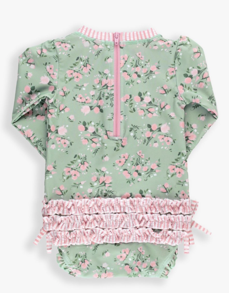 RuffleButts L/S One Piece Rash Guard Tea Roses