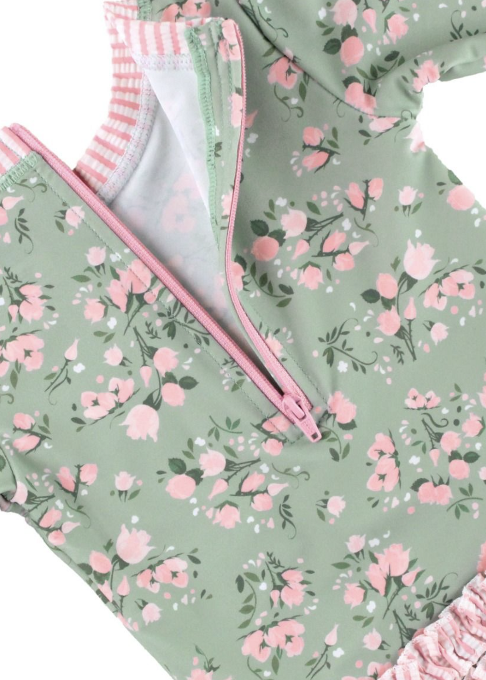 RuffleButts L/S One Piece Rash Guard Tea Roses