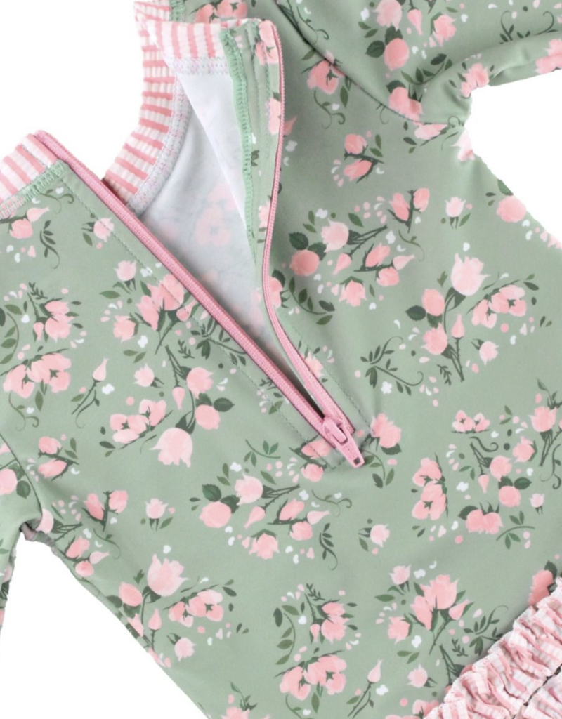 RuffleButts L/S One Piece Rash Guard Tea Roses