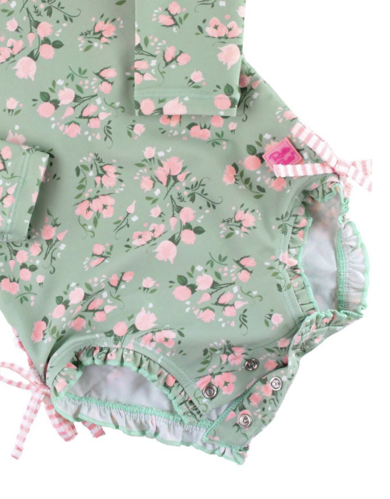 RuffleButts L/S One Piece Rash Guard Tea Roses