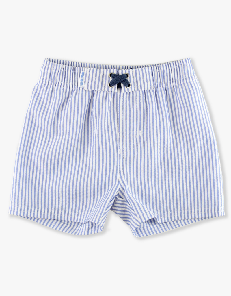 RuffleButts Periwinkle Blue Seersucker Swim Trunks