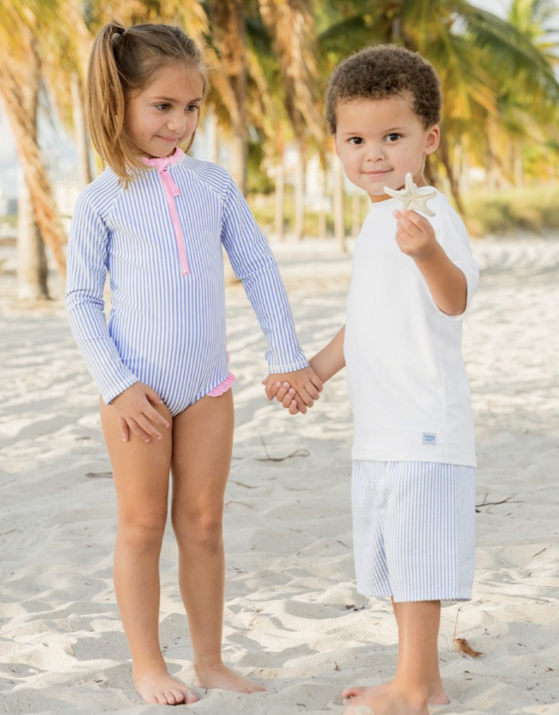 RuffleButts Periwinkle Blue Seersucker Swim Trunks
