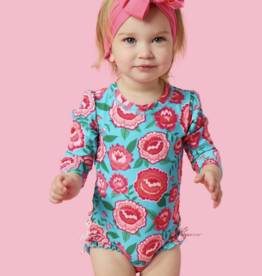 RuffleButts Bright Blossoms L/S One Piece Rashguard w/Back Ruffles