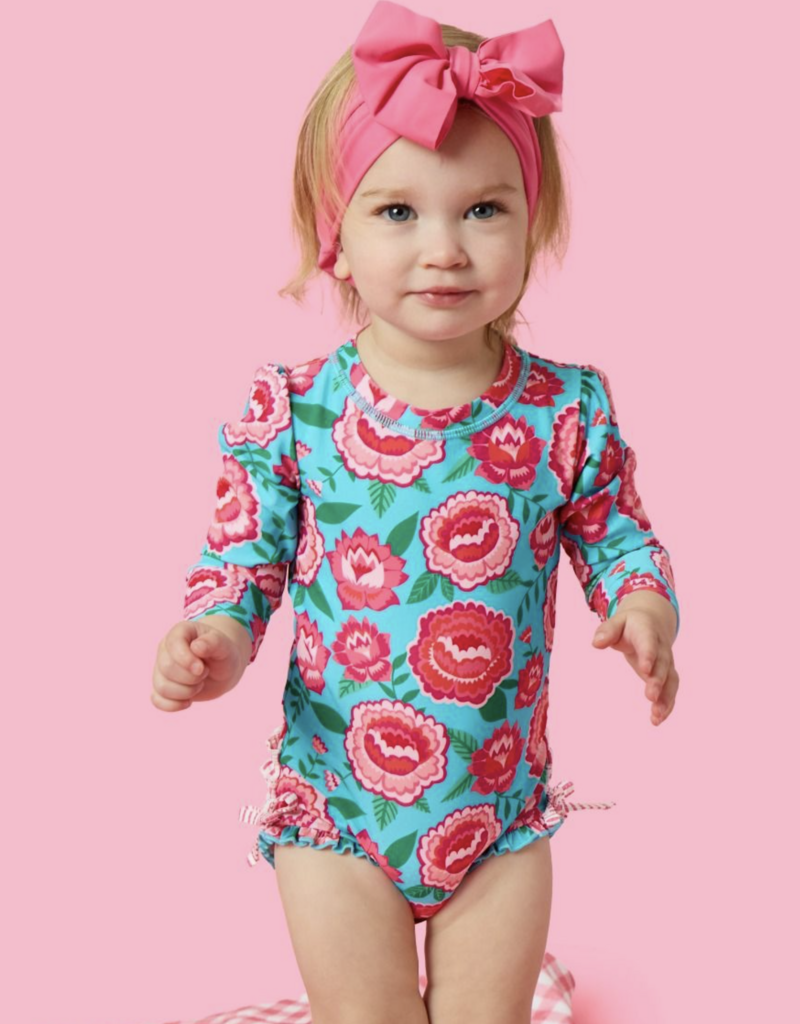 RuffleButts Bright Blossoms L/S One Piece Rashguard w/Back Ruffles