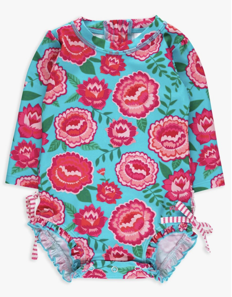 RuffleButts Bright Blossoms L/S One Piece Rashguard w/Back Ruffles