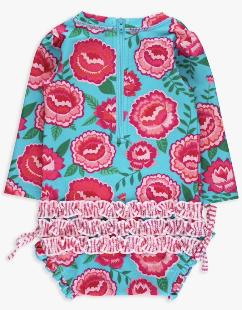 RuffleButts Bright Blossoms L/S One Piece Rashguard w/Back Ruffles