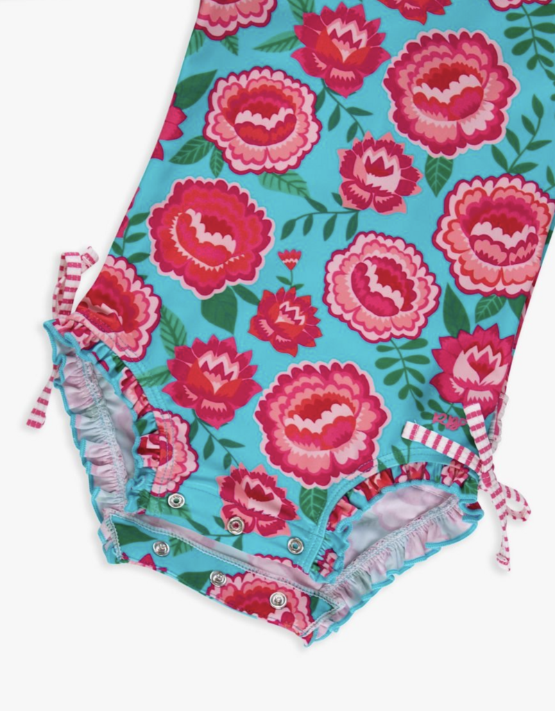 RuffleButts Bright Blossoms L/S One Piece Rashguard w/Back Ruffles