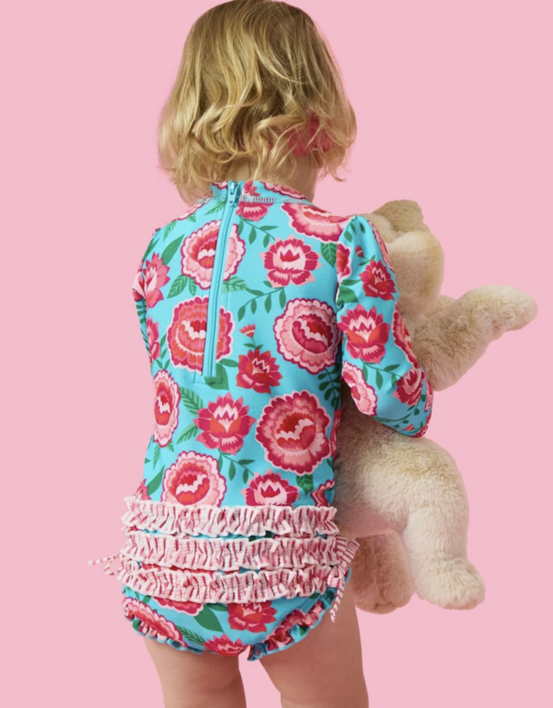 RuffleButts Bright Blossoms L/S One Piece Rashguard w/Back Ruffles