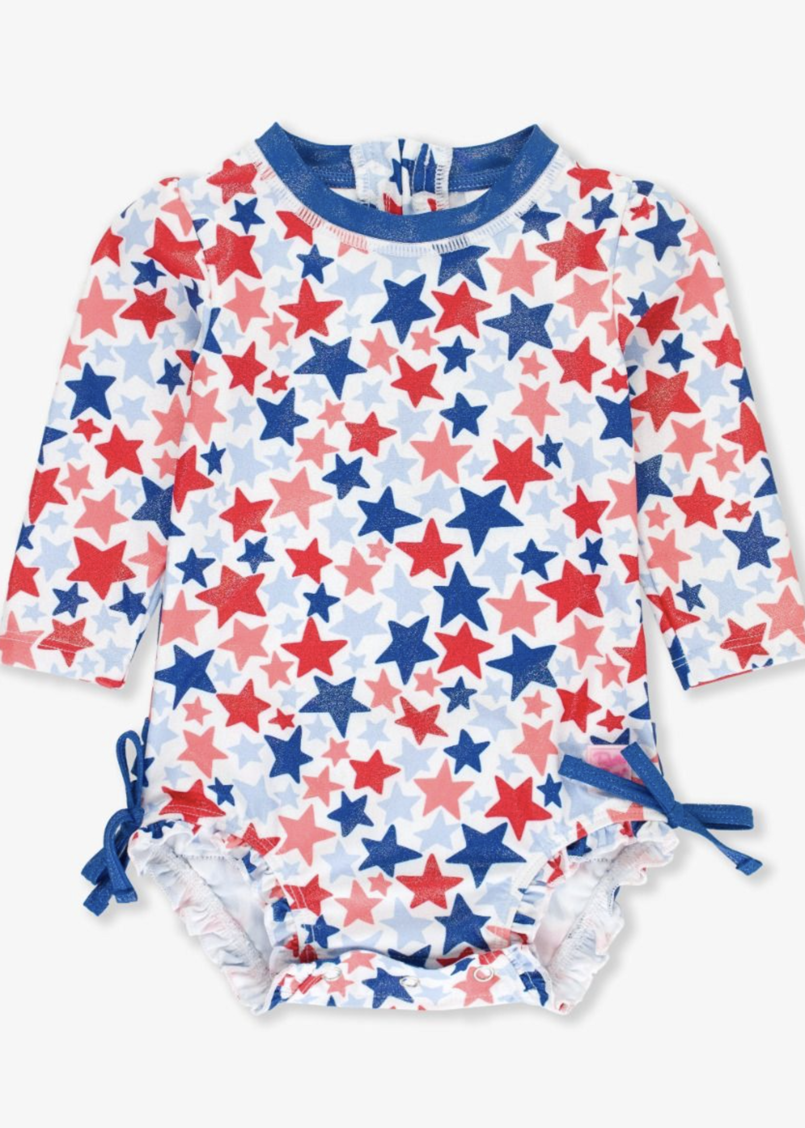 RuffleButts Shimmer Star-Spangled L/S 1 Piece Rashguard w/Ruffles