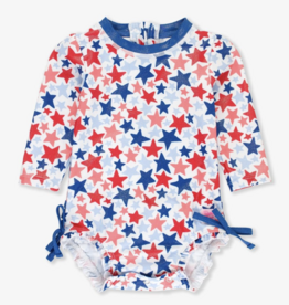 RuffleButts Shimmer Star-Spangled L/S 1 Piece Rashguard w/Ruffles