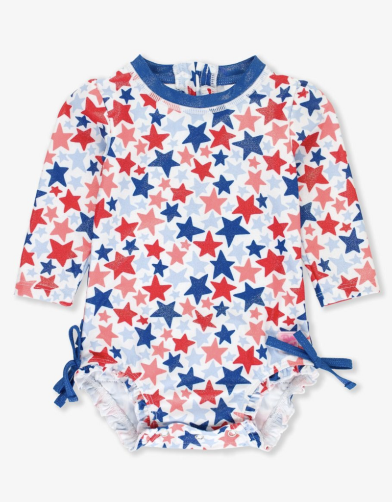 RuffleButts Shimmer Star-Spangled L/S 1 Piece Rashguard w/Ruffles