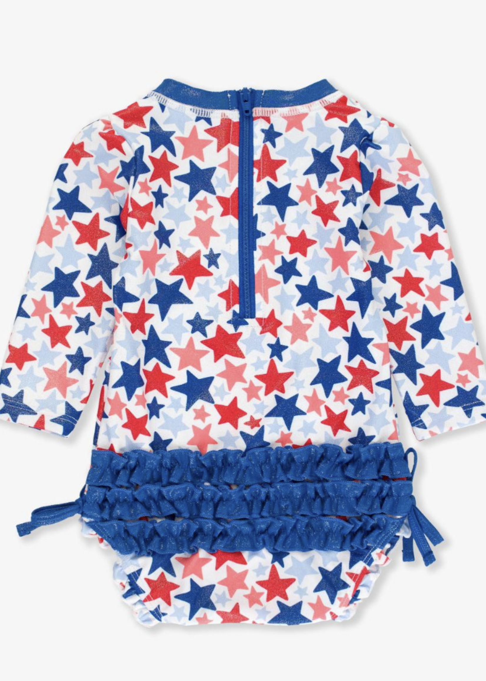 RuffleButts Shimmer Star-Spangled L/S 1 Piece Rashguard w/Ruffles