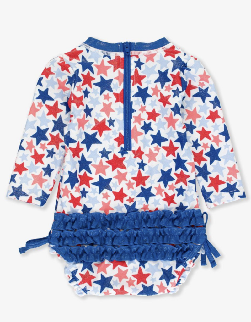 RuffleButts Shimmer Star-Spangled L/S 1 Piece Rashguard w/Ruffles