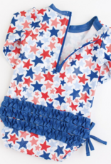 RuffleButts Shimmer Star-Spangled L/S 1 Piece Rashguard w/Ruffles