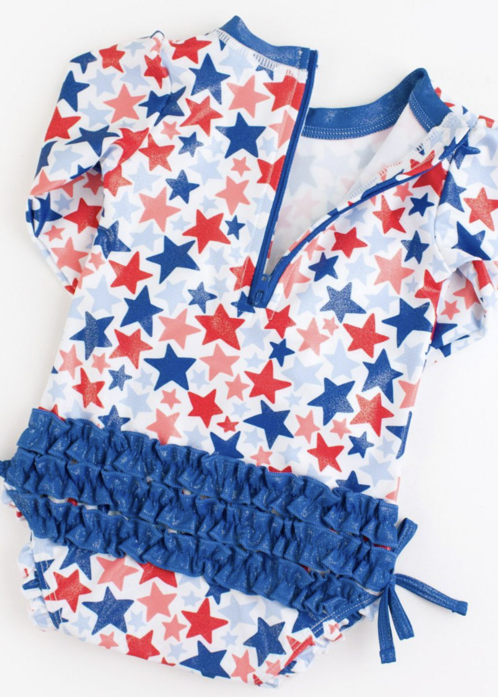 RuffleButts Shimmer Star-Spangled L/S 1 Piece Rashguard w/Ruffles