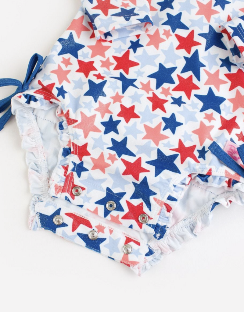 RuffleButts Shimmer Star-Spangled L/S 1 Piece Rashguard w/Ruffles