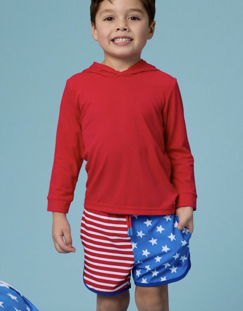 RuffleButts Stars Stripes Perf Hybrid Dolphin Hem Swim Trunks