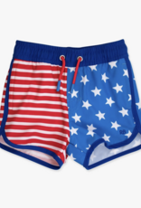 RuffleButts Stars Stripes Perf Hybrid Dolphin Hem Swim Trunks