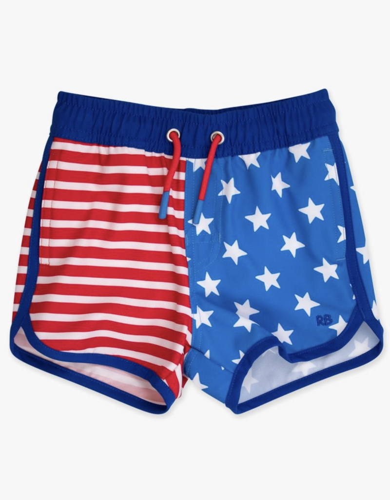 RuffleButts Stars Stripes Perf Hybrid Dolphin Hem Swim Trunks