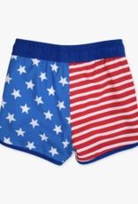 RuffleButts Stars Stripes Perf Hybrid Dolphin Hem Swim Trunks