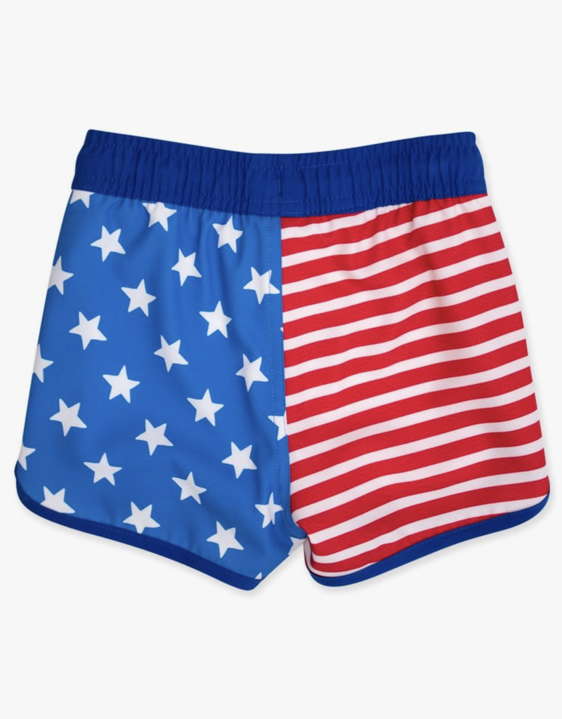 RuffleButts Stars Stripes Perf Hybrid Dolphin Hem Swim Trunks