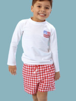 RuffleButts SALE. Vintage Red Gingham Perf Hybrid Swim Trunks