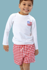 RuffleButts Vintage Red Gingham Perf Hybrid Swim Trunks
