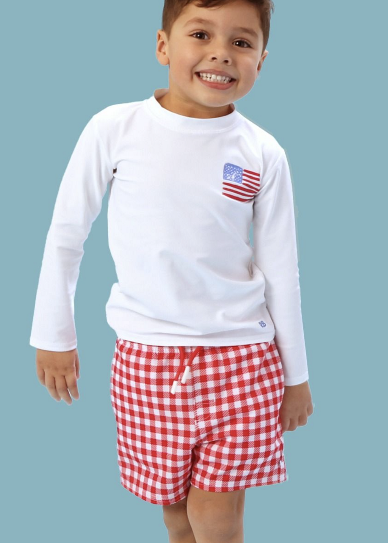 RuffleButts Vintage Red Gingham Perf Hybrid Swim Trunks