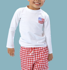 RuffleButts Vintage Red Gingham Perf Hybrid Swim Trunks