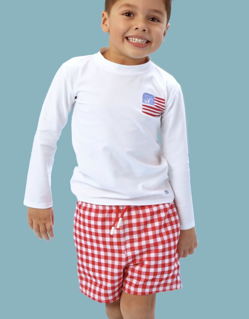 RuffleButts Vintage Red Gingham Perf Hybrid Swim Trunks
