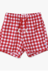 RuffleButts Vintage Red Gingham Perf Hybrid Swim Trunks