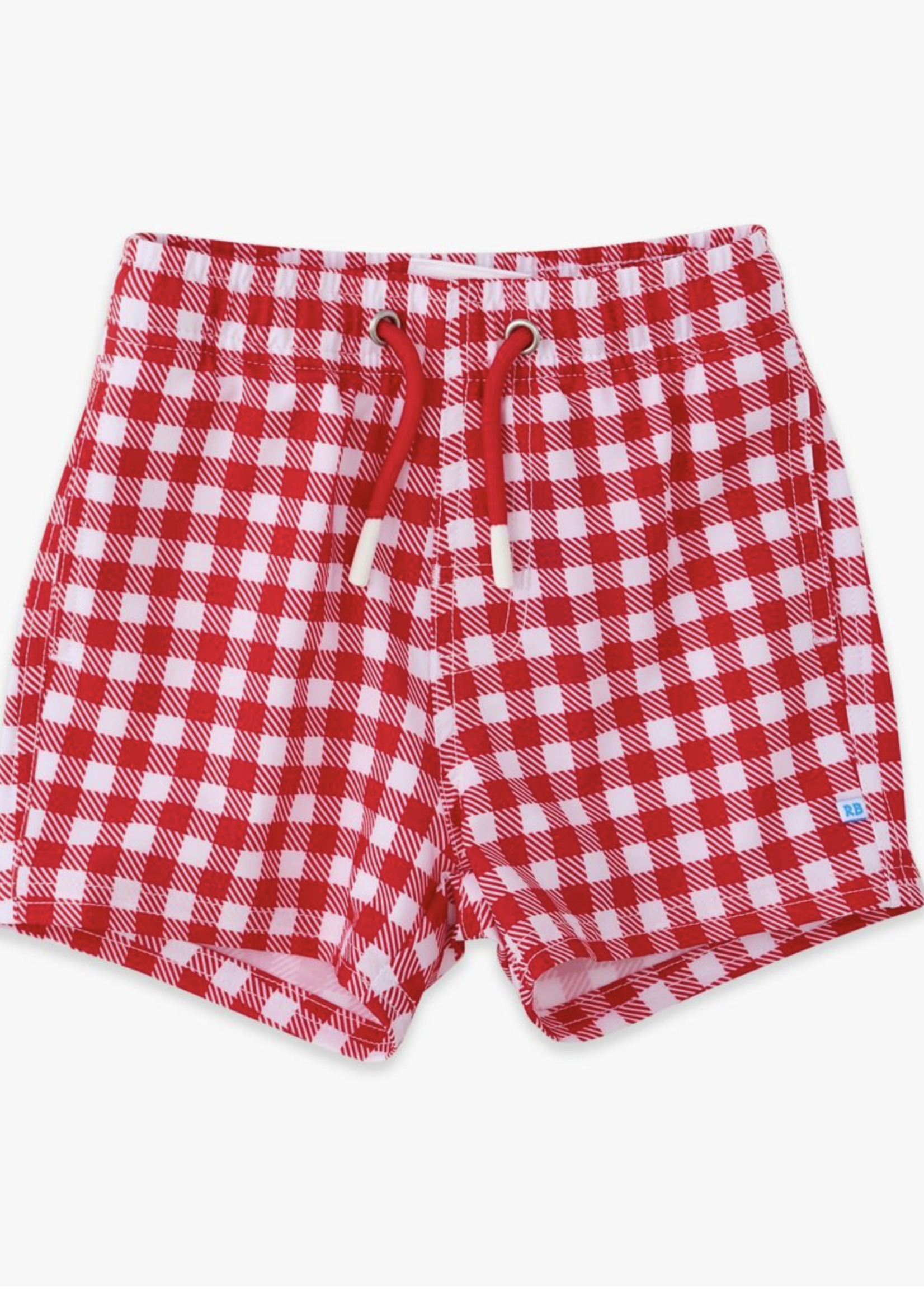 RuffleButts Vintage Red Gingham Perf Hybrid Swim Trunks