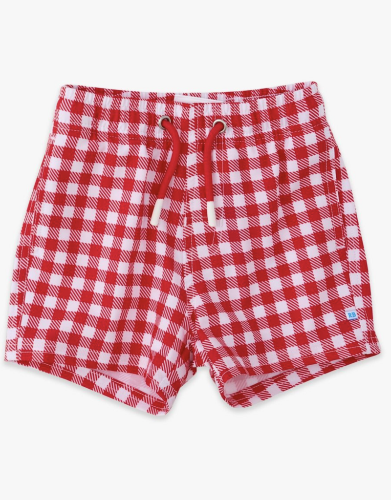 RuffleButts Vintage Red Gingham Perf Hybrid Swim Trunks