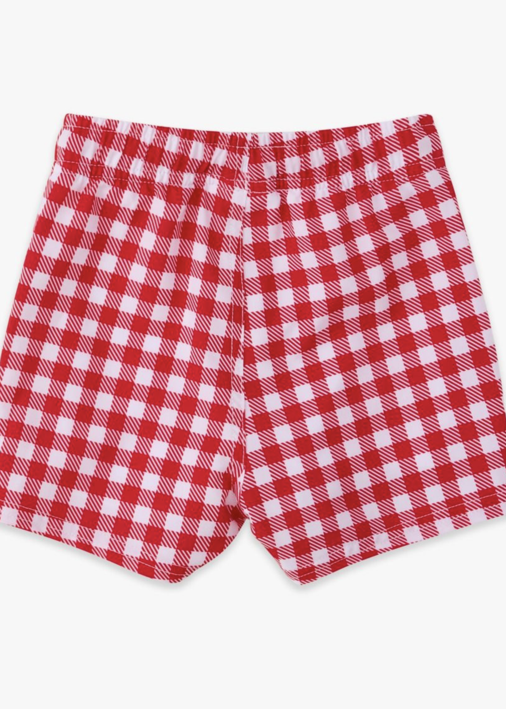 RuffleButts Vintage Red Gingham Perf Hybrid Swim Trunks