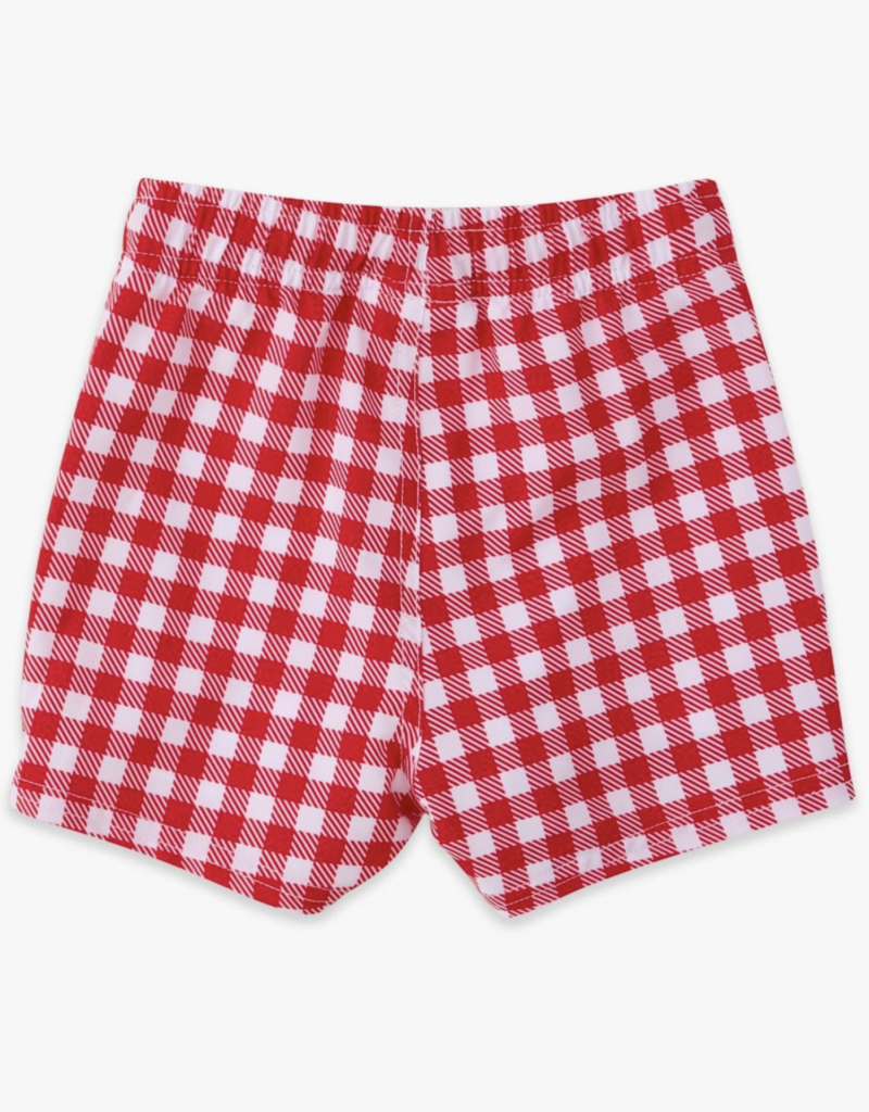 RuffleButts Vintage Red Gingham Perf Hybrid Swim Trunks