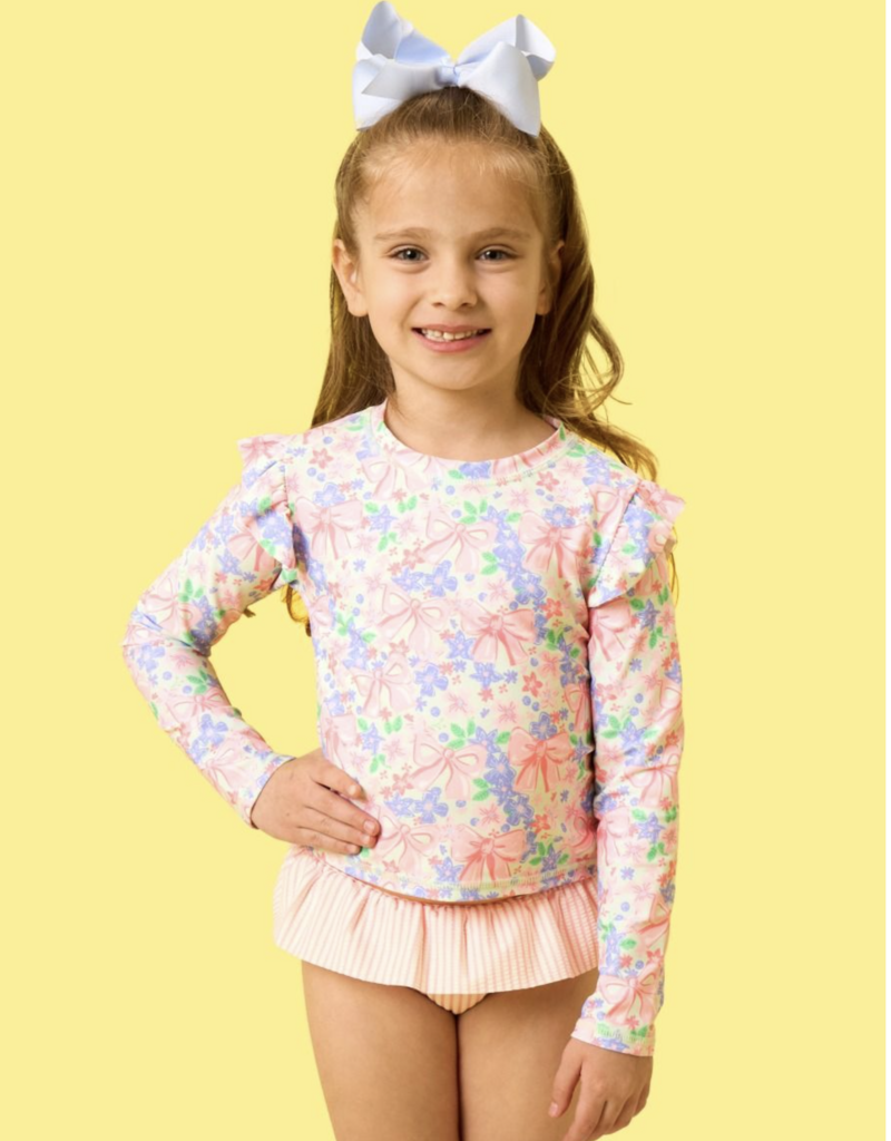 RuffleButts Bow Blooms Flutter L/S Rashguard Skirted 2-Piece Swimsuit