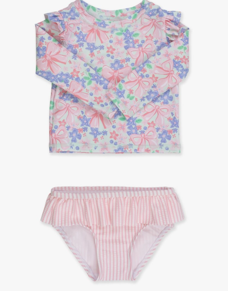 RuffleButts Bow Blooms Flutter L/S Rashguard Skirted 2-Piece Swimsuit
