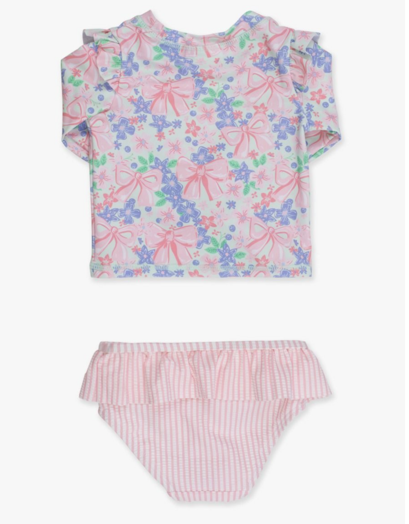 RuffleButts Bow Blooms Flutter L/S Rashguard Skirted 2-Piece Swimsuit