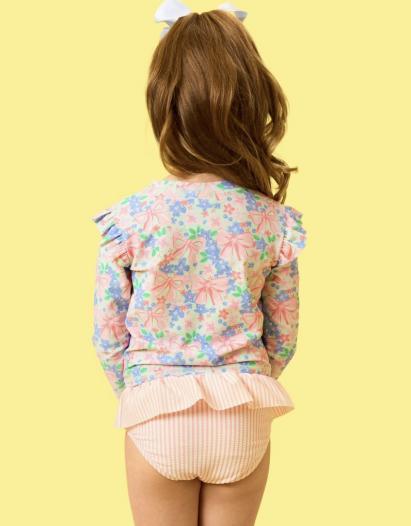 RuffleButts Bow Blooms Flutter L/S Rashguard Skirted 2-Piece Swimsuit