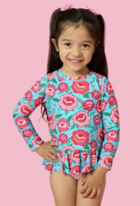 RuffleButts Bright Blossoms Scallop Hem L/S Rashguard 2-Piece w/Ruffles