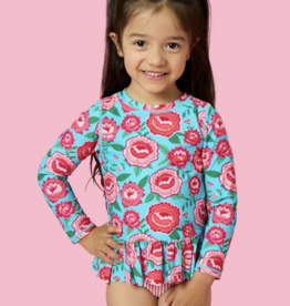 RuffleButts Bright Blossoms Scallop Hem L/S Rashguard 2-Piece w/Ruffles