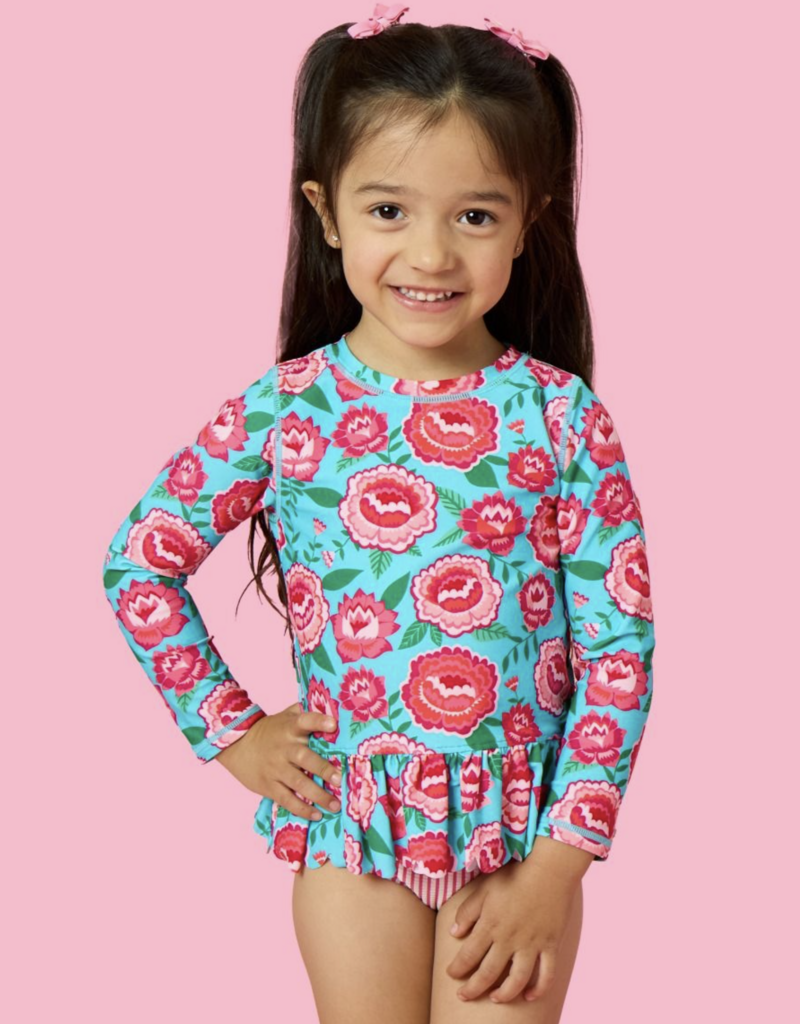 RuffleButts Bright Blossoms Scallop Hem L/S Rashguard 2-Piece w/Ruffles