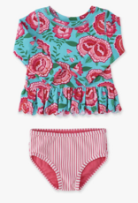 RuffleButts Bright Blossoms Scallop Hem L/S Rashguard 2-Piece w/Ruffles